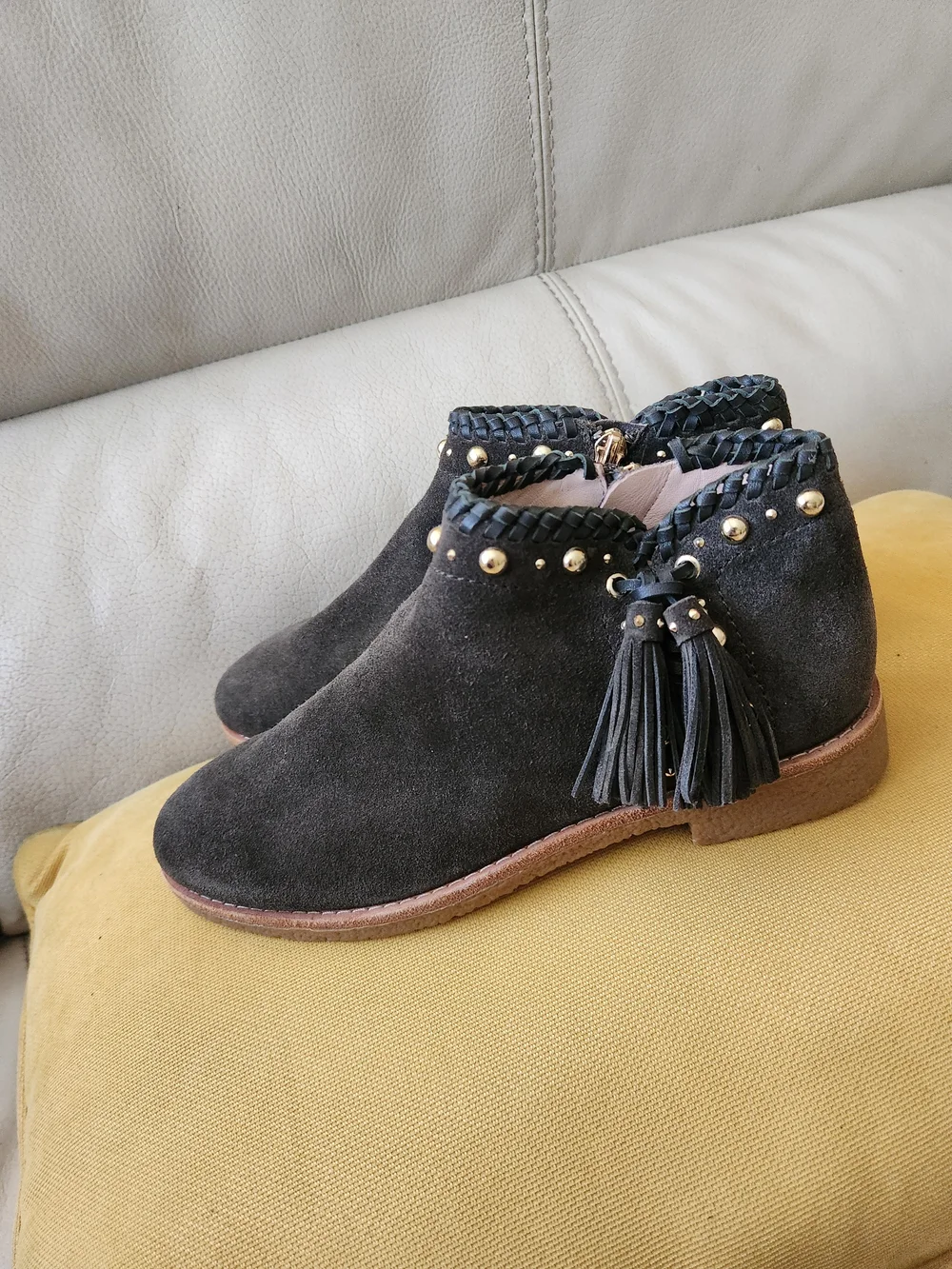kate spade Black Suede Ankle Booties with Braided Trim and Tassels